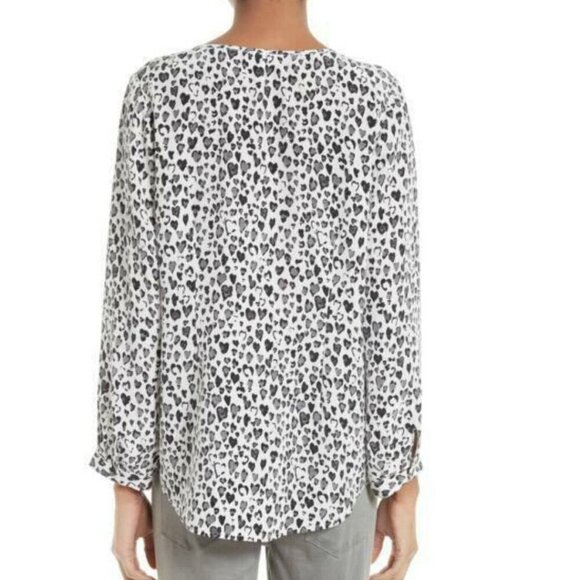 Joie Silk Blouse Womens Extra Small Black V Neck Long Sleeve White Purine Hearts - Picture 2 of 6